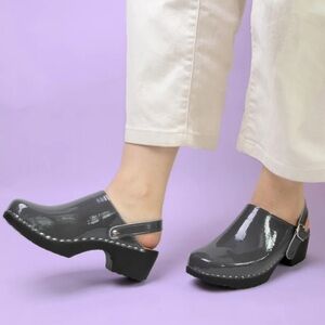 VERKA ZERO WASTE FLITIG GRAY PATENT WOODEN CONVERTIBLE SLINGBACK CLOGS SIZE 8.5